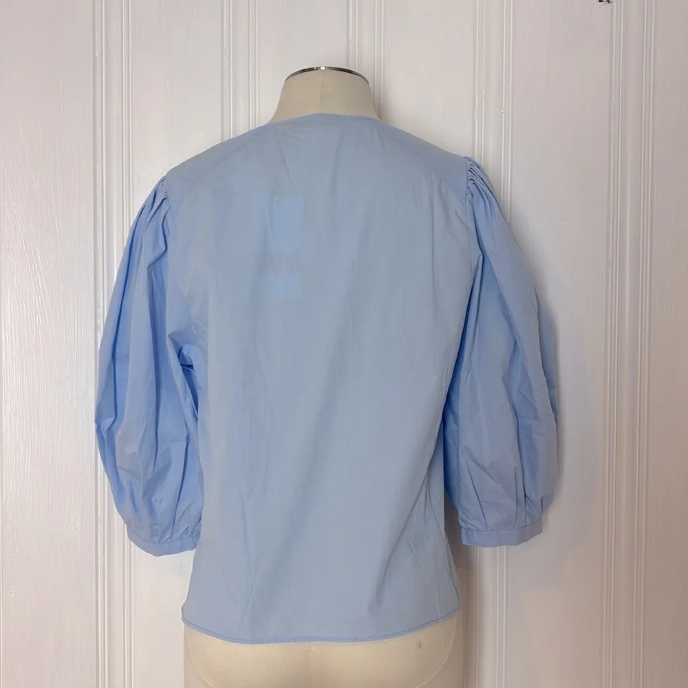 NWT ZARA Baby Blue Cotton Blouse with Dramatic Puff Sleeves - Picture 3 of 7
